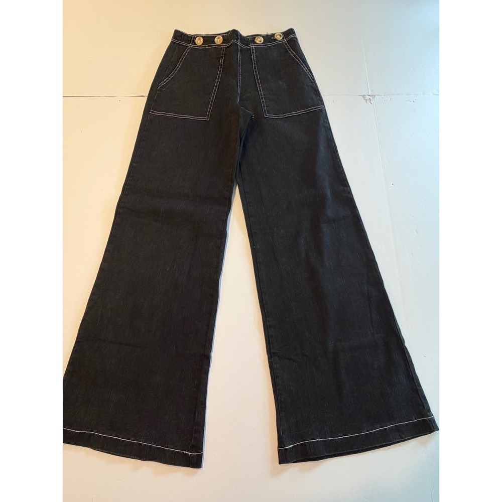 Entro Womens Small Black Contrast Stitch Wide Leg Denim Trousers High Waist New